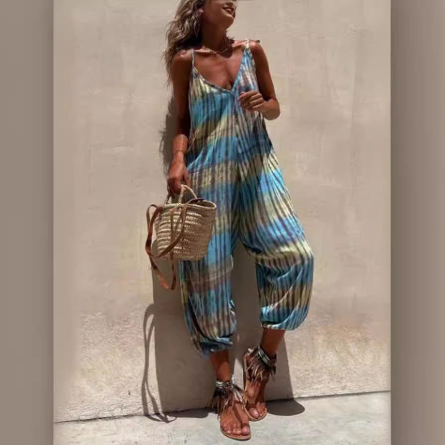 Women's Jumpsuit – Loose Fit – Adjustable Straps – V-Neck – Waistband – Print