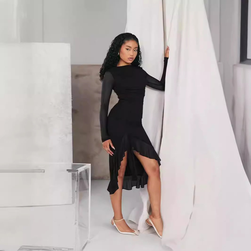 Women's Evening Dress – Slim Fit – Transparent Long Sleeves – Asymmetric Ruffle Hem