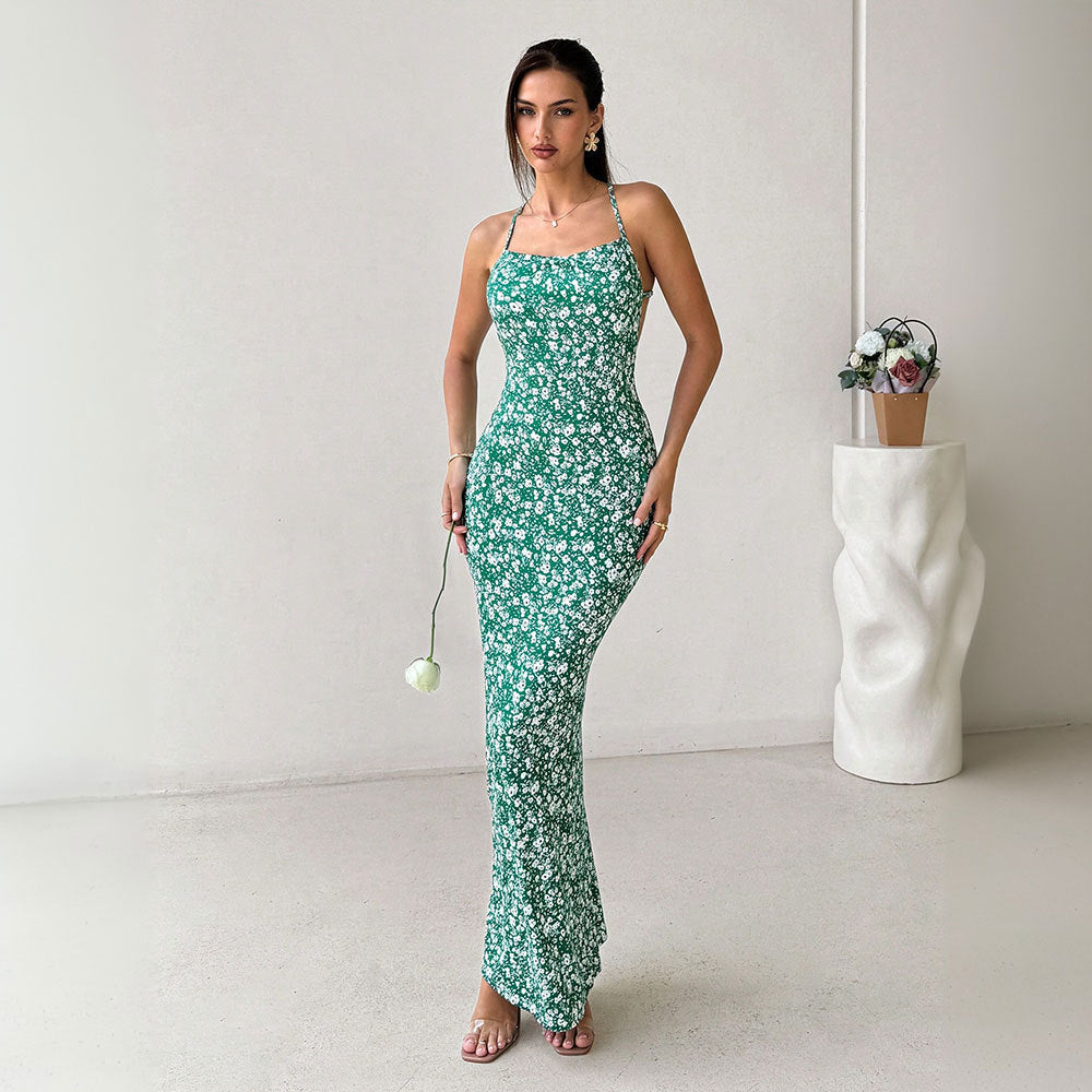 Women's Maxi Dress – Slim Fit – Floral – Open Back – Spaghetti Straps