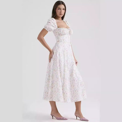 Women's Midi Dress – A-line Fit – Light Cotton – Square Neckline – Puff Sleeves – Slit