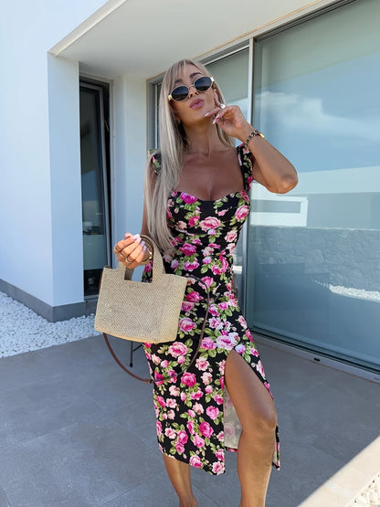 Women's Midi Dress – Slim Fit – Floral Print – Ruched Straps – Side Slit