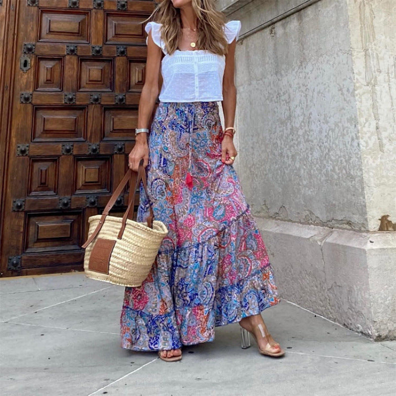 Women's Maxi Skirt – Bohemian Print – Layered Design – Flowy Breathable Fabric