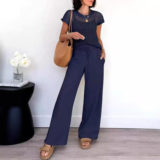 Women's Set – Open Knit T-Shirt with Short Sleeves – Wide Pants – Relaxed Fit