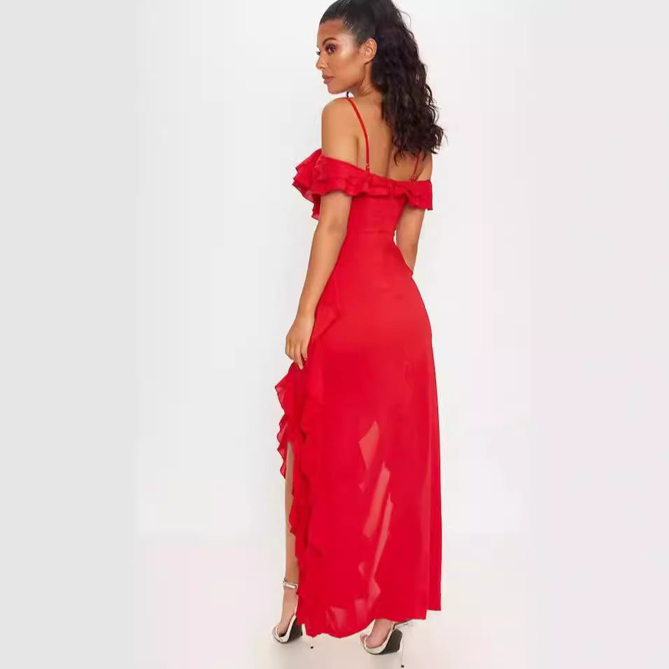 Dress for Women – Slim Fit – Chiffon with Ruffles – Spaghetti Straps – Off-shoulder