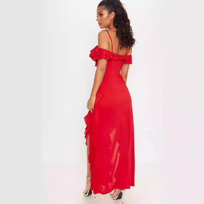 Dress for Women – Slim Fit – Chiffon with Ruffles – Spaghetti Straps – Off-shoulder