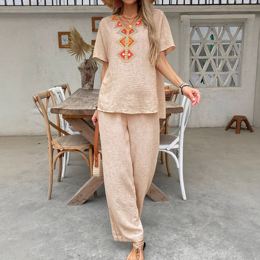 Women's Jumpsuit – Relaxed Fit – Embroidered V-Neck – Wide High-Waisted Trousers – Breathable Fabric