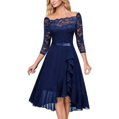 Elegant lace cocktail dress for women - Off-Shoulder - 3/4 sleeves