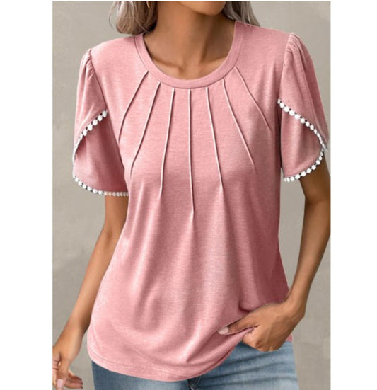 Women's T-shirt – Relaxed Fit – Soft Knit – Ruffle Sleeves – Pleated Front