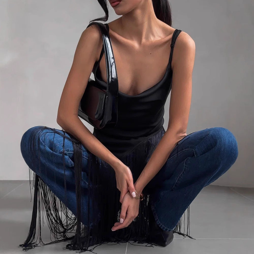 Women's Sleeveless Top – Slim Fit – Deep V-Neck – Luxurious Fabric – Fringe Hem