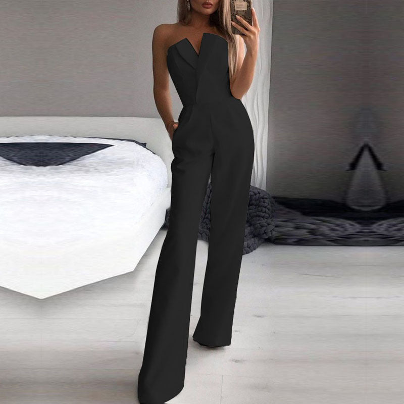 Damebuksedragt – Figursyet Pasform – Stropløs Asymmetrisk Hals – Vide Ben Elegant Stil