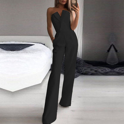 Damebuksedragt – Figursyet Pasform – Stropløs Asymmetrisk Hals – Vide Ben Elegant Stil