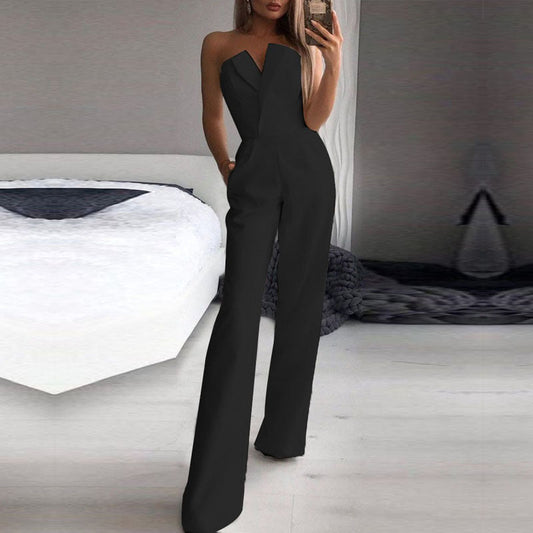 Women's Jumpsuit – Tailored Fit – Strapless Asymmetric Neckline – Wide Leg Elegant Style