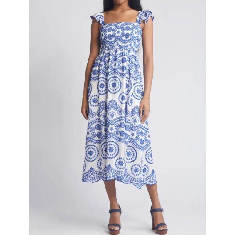 Women's Midi Dress – Natural Fibers – Relaxed Fit – Ruched Sleeves – Square Neckline