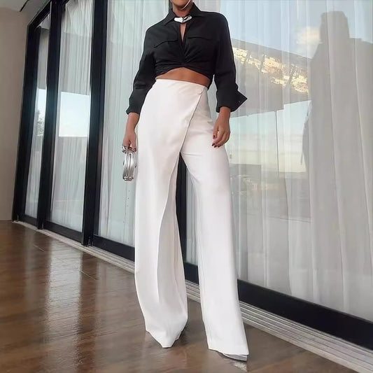 Women's Set – Satin Crop Top with Tie – High-Waisted Wide Pants