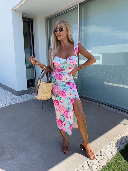 Women's Midi Dress – Slim Fit – Floral Print – Ruched Straps – Side Slit