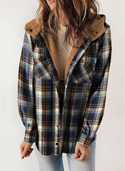 Women's Jacket – Wool Texture – Relaxed Fit – Button Closure – Hood – Checkered Pattern