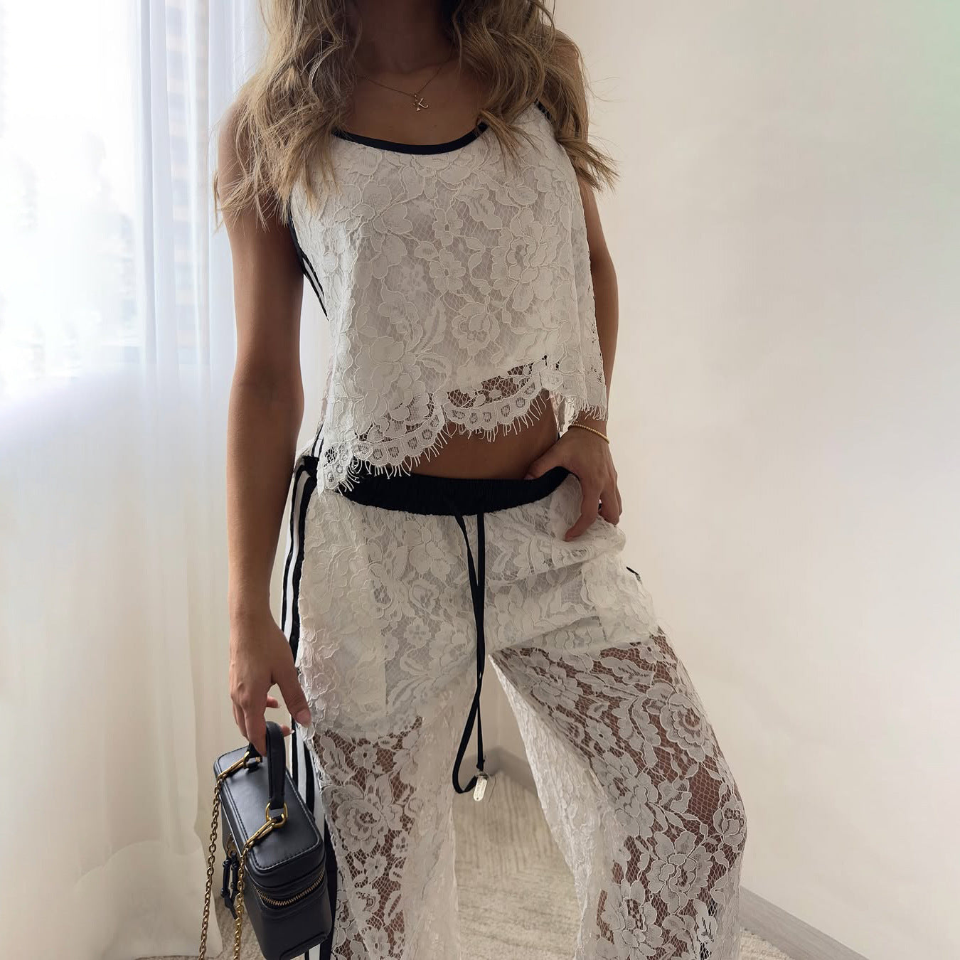 Women's Clothing Set – Lace Set in Loose Fit – Cropped Top and Long Drawstring Pants