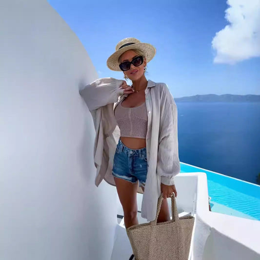 Women's Long Cardigan – Light Cotton – Oversized Fit – Open V-Neck – Sequin Detail