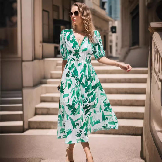 Dress for Women – Midi Length – V-Neck – Puff Sleeves – Breathable Material – Print