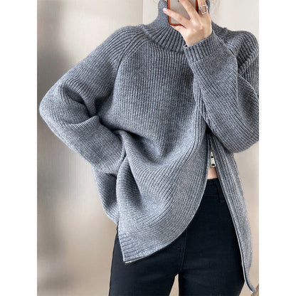 Women's Knit Sweater – Oversize Fit – High Collar – Side Zipper – Ribbed Texture – Raglan Sleeves
