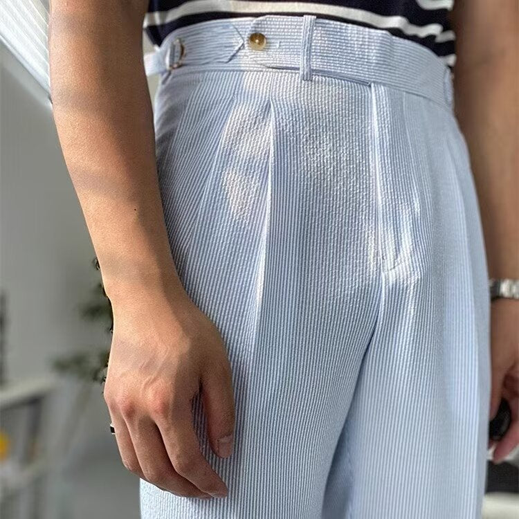 Men's Trousers – Straight Fit – High Waist – Pleated Front – Breathable Textured Fabric