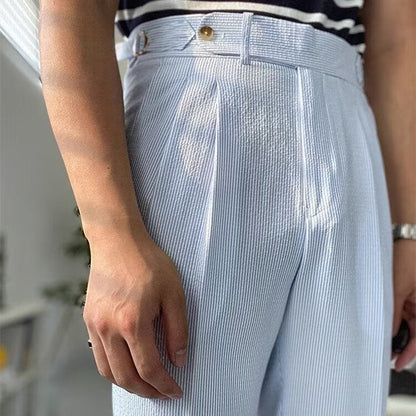 Men's Trousers – Straight Fit – High Waist – Pleated Front – Breathable Textured Fabric