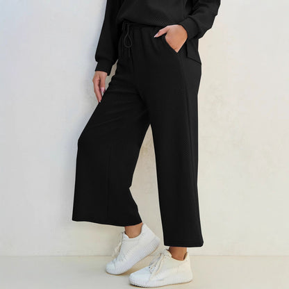 Dame Loungewear Sæt – Strik To-delt – Afslappet Pasform – Snøre i Taljen – Fuld Længde
