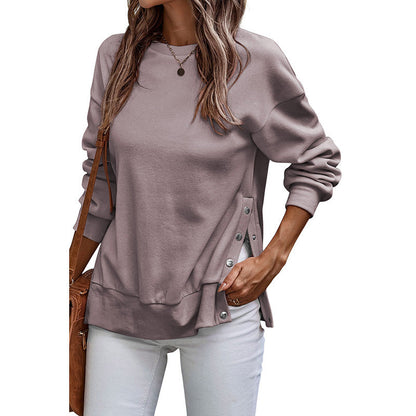 Women's Sweatshirt – Loose Fit – Tunic Length – Button Details – Long Sleeves
