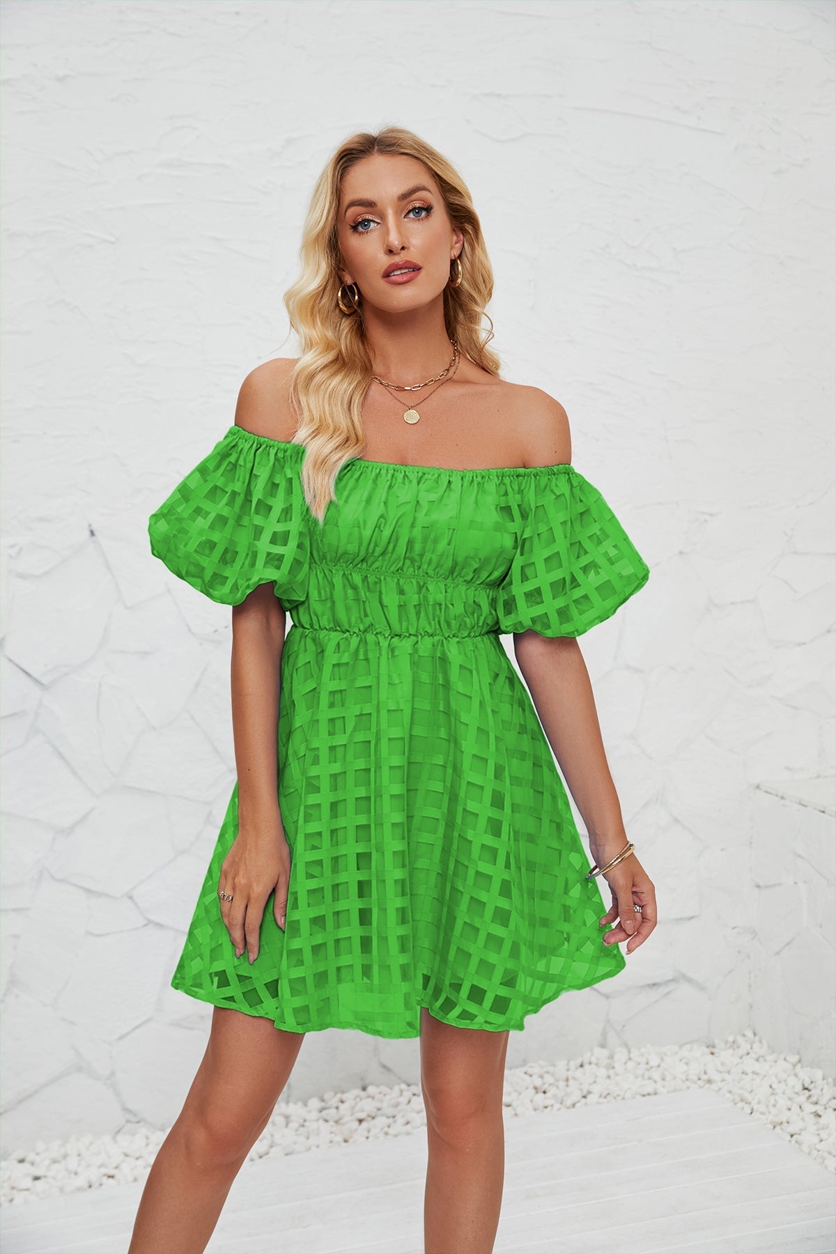 Dress for Women – Mini – Puff Sleeves – Square Neckline – Checked Texture – Lightweight