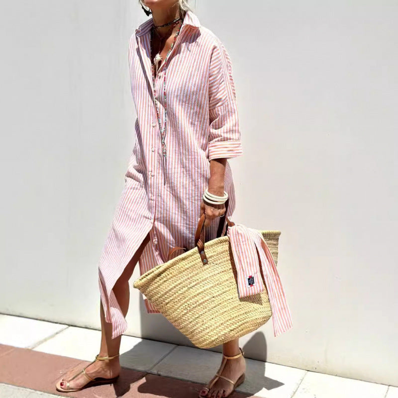 Women's Shirt Dress – Relaxed Fit – Midi Length – Breathable Material – Long Sleeves