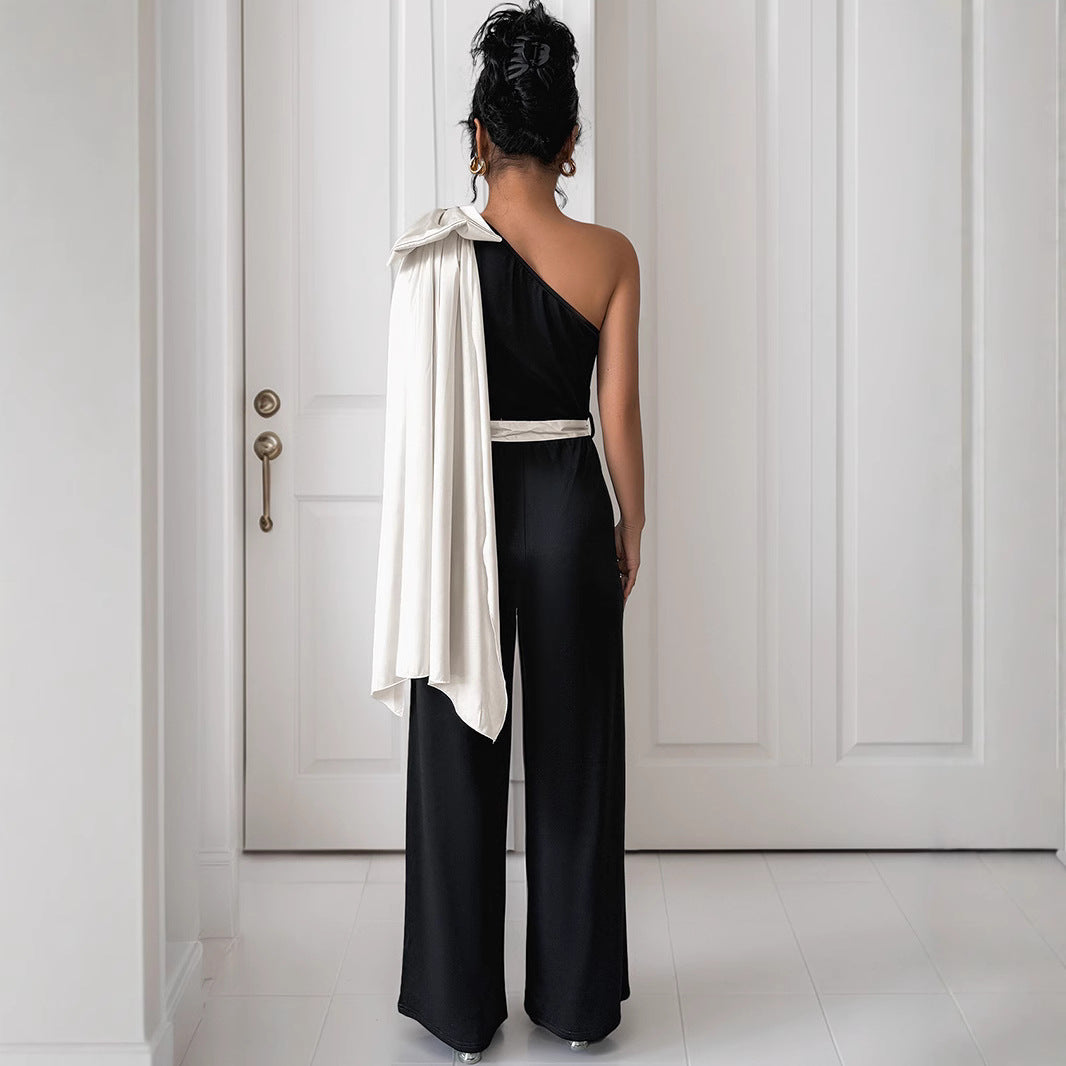 Women's Jumpsuit – Tailored Fit – Satin Look – One Shoulder with Bow Details