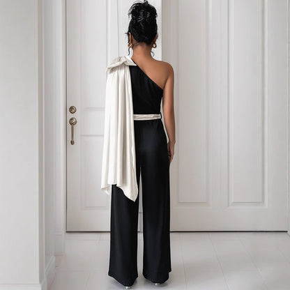 Women's Jumpsuit – Tailored Fit – Satin Look – One Shoulder with Bow Details