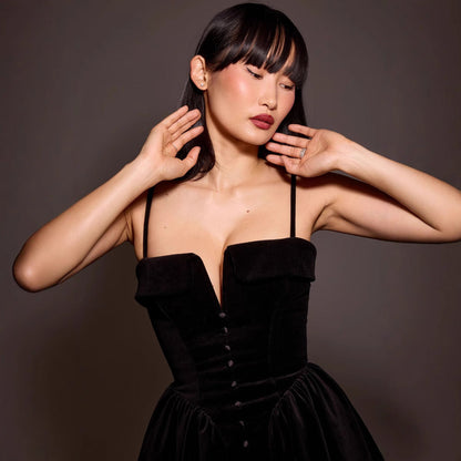 Dress for Women – Mini A-line Fit – Velour – Deep V-neck – Thin Straps – Button Details