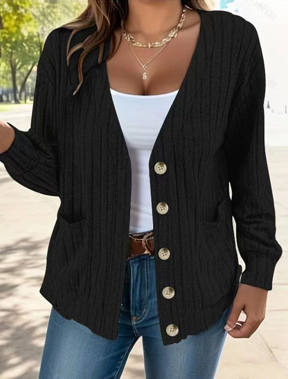 Women's Cardigan – Relaxed Fit – Ribbed Knit – Button Closure – Hip Length – Pockets