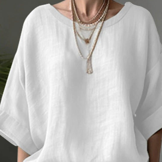 Damebluse – Oversize Pasform – Bomuld Hør – Rund Hals – Albuelange Ærmer