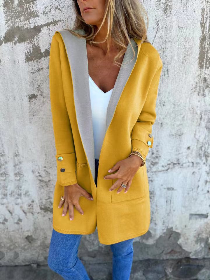 Women's Hooded Cardigan – Soft Knit – Relaxed Fit – Contrast Trim – Button Cuffs