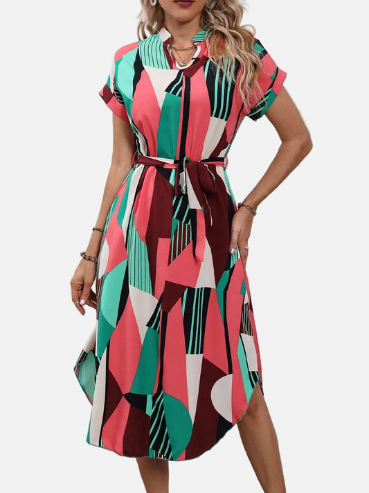 Women’s Midi Dress – V-Neck – Short Sleeves – Geometric Print with Waist Tie