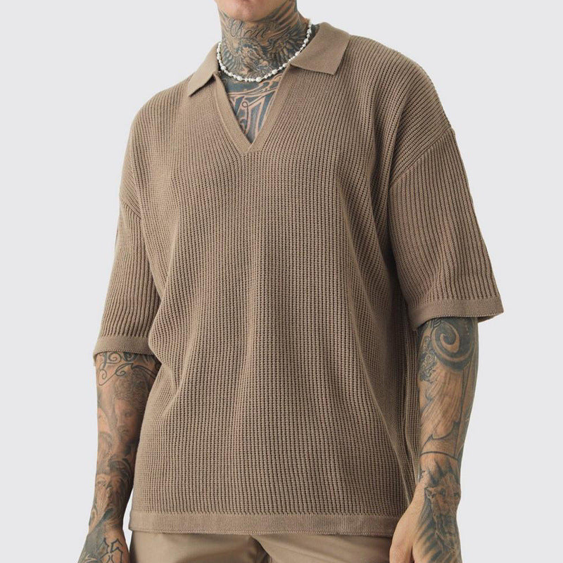 Men's Shirt with Short Sleeves – Relaxed Fit – V-neck with Collar – Soft Knit