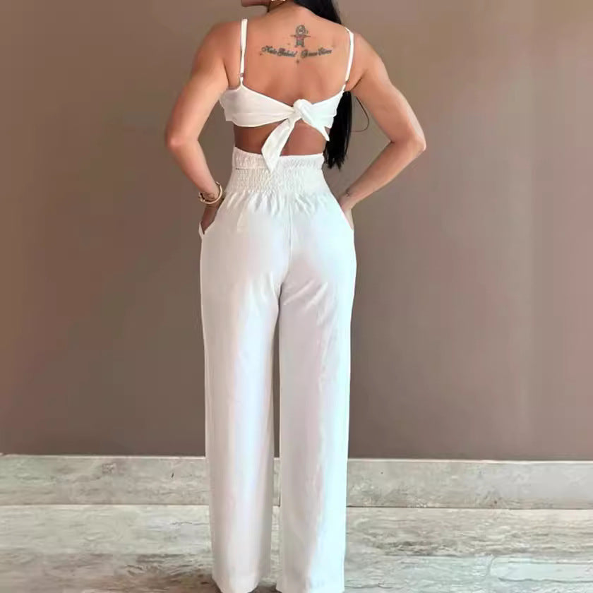 Women's Jumpsuit – Relaxed Fit – Wide Leg – Open Back – Bow Detail – Cutouts