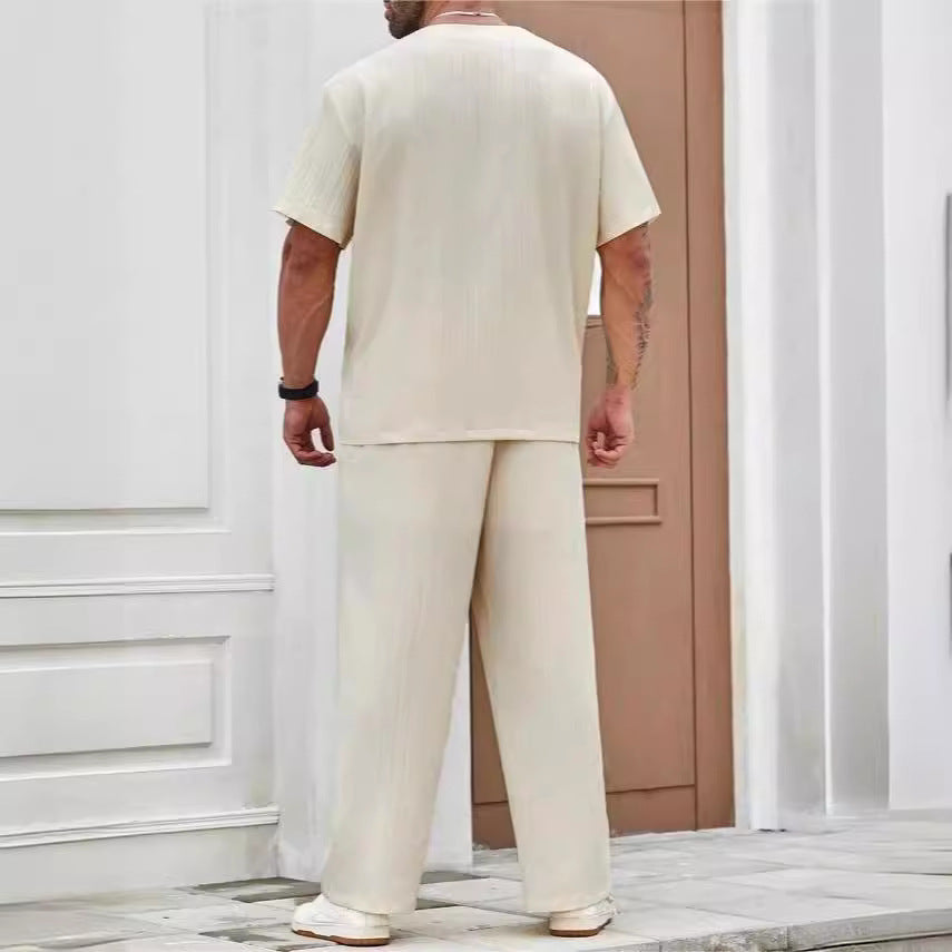 Men's Set – Relaxed Fit – V-neck Short-sleeved Top – Lightweight Breathable Fabric Pants
