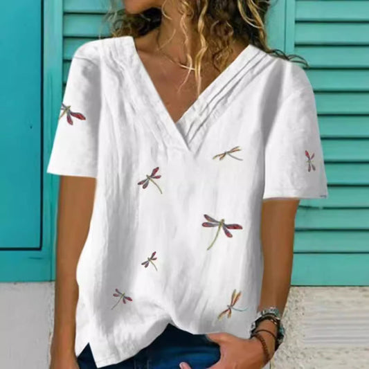 Women's Blouse – V-neck – Relaxed Fit – Embroidery – Lightweight and Breathable – Short Sleeves