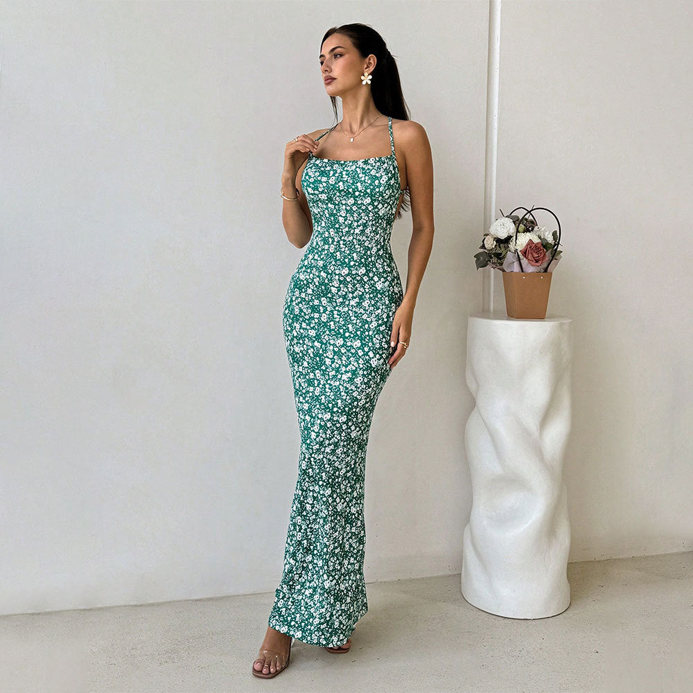 Women's Maxi Dress – Slim Fit – Floral – Open Back – Spaghetti Straps