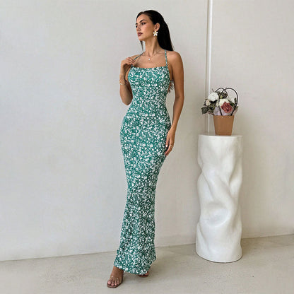 Women's Maxi Dress – Slim Fit – Floral – Open Back – Spaghetti Straps