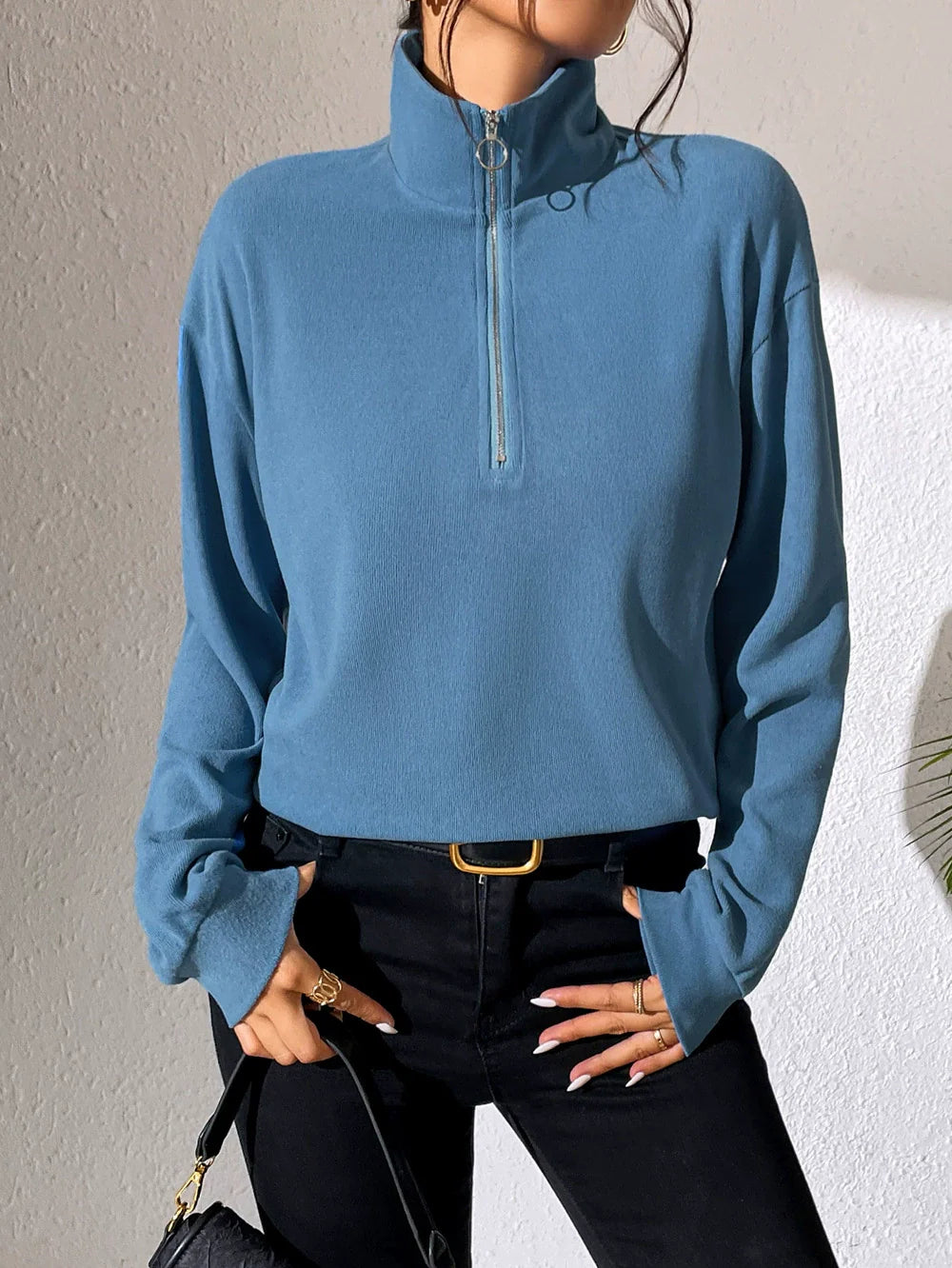 Women's Pullover Top – Relaxed Fit – Half Zipper – Soft Cotton Blend – Long Sleeves