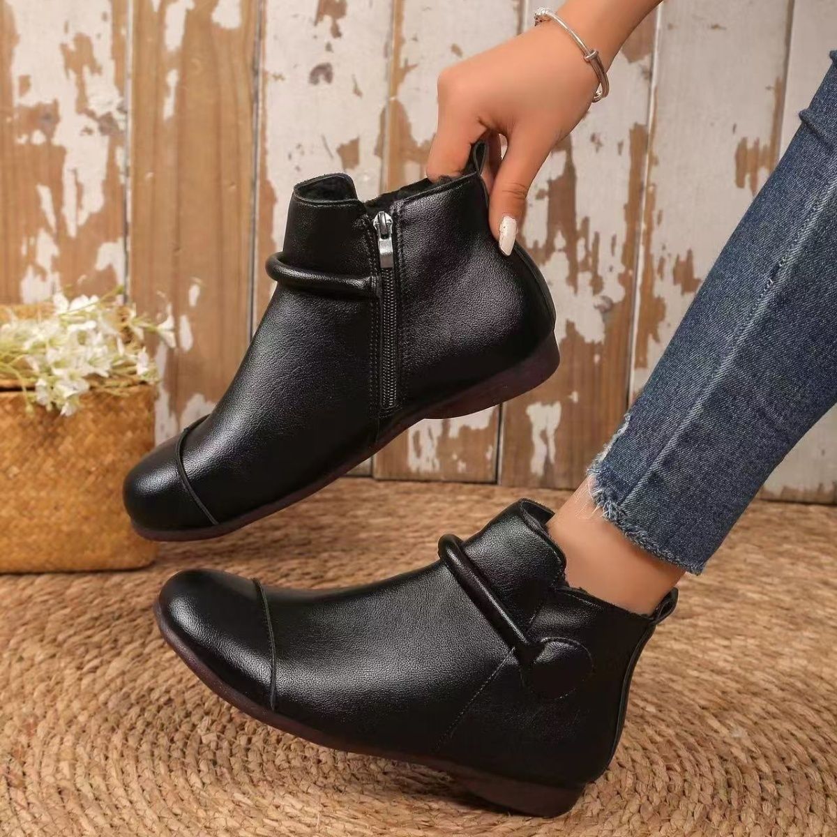 Women's Ankle Boots - Thick Sole Soft Leather Shoes - Side Zipper