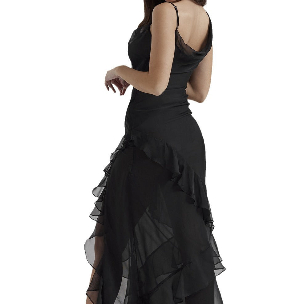 Dress for Women – Slim Fit – V-Neck – High-Low Hem – Ruched Skirt – Elegant Style