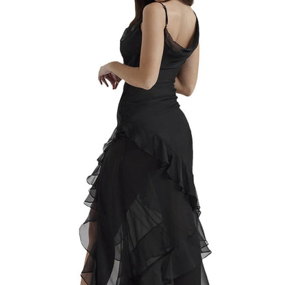 Dress for Women – Slim Fit – V-Neck – High-Low Hem – Ruched Skirt – Elegant Style