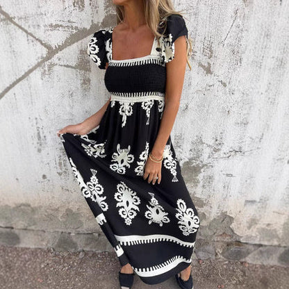 Dress for Women – Maxi Dress – Smocked Bodice – Ruched Sleeves – Natural Fibers – Loose Fit
