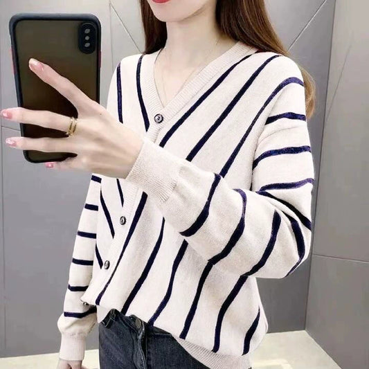Women's Striped V-Neck Knit Cardigan for Women – Button-Up Long Sleeve Top