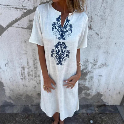 Women's Midi Dress – Natural Fibers – Relaxed Fit – Embroidered Front – Short Sleeves